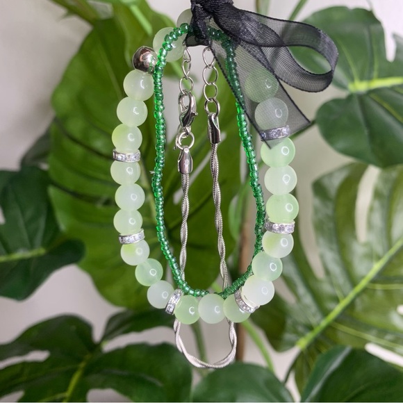 Green & Silver Glass Beaded Mix Heart Bracelet Stack Set of 3 Bundle | Gift - Picture 2 of 4